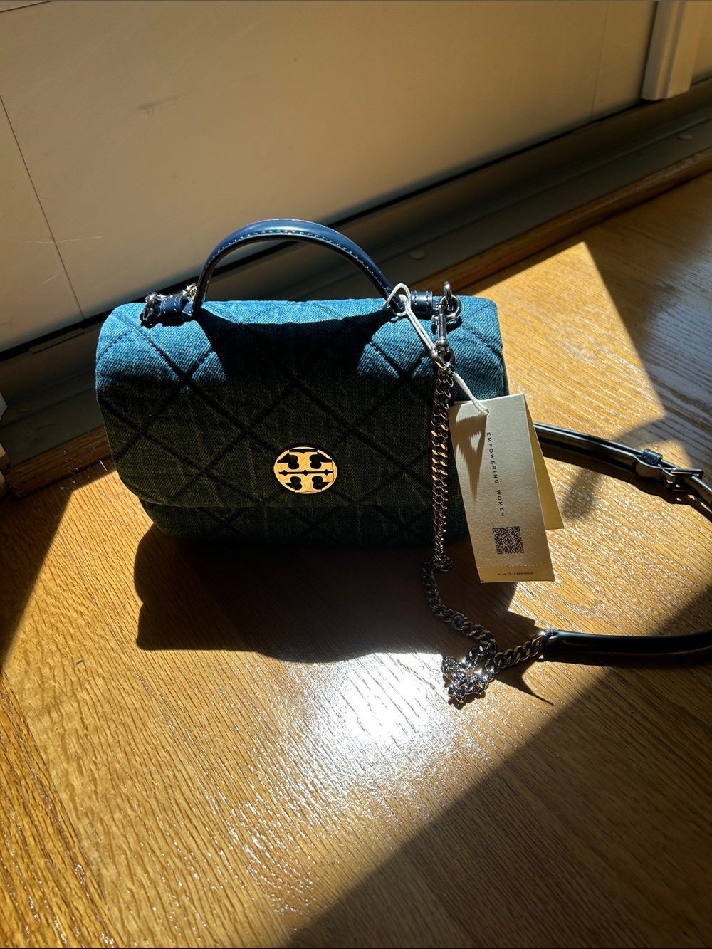 Tory Burch Denim Willa mini top handle bag (silver hardware)